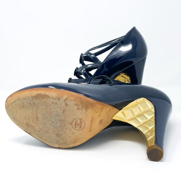 CHANEL Quilted Patent Leather Strappy Heels Navy Blue Gold EU 38 - Picture 9 of 9